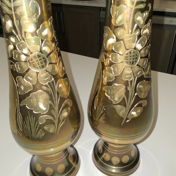 2 Brass Flower Bud Vases Etched Floral and Elephant on Reverse Matching - Picture 3 of 10